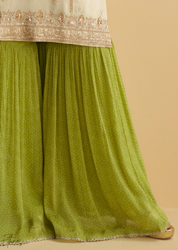 Ivory & Green Bandhani Printed Chinon Silk Palazzo Suit