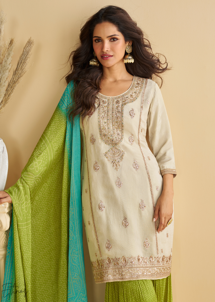 Ivory & Green Bandhani Printed Chinon Silk Palazzo Suit