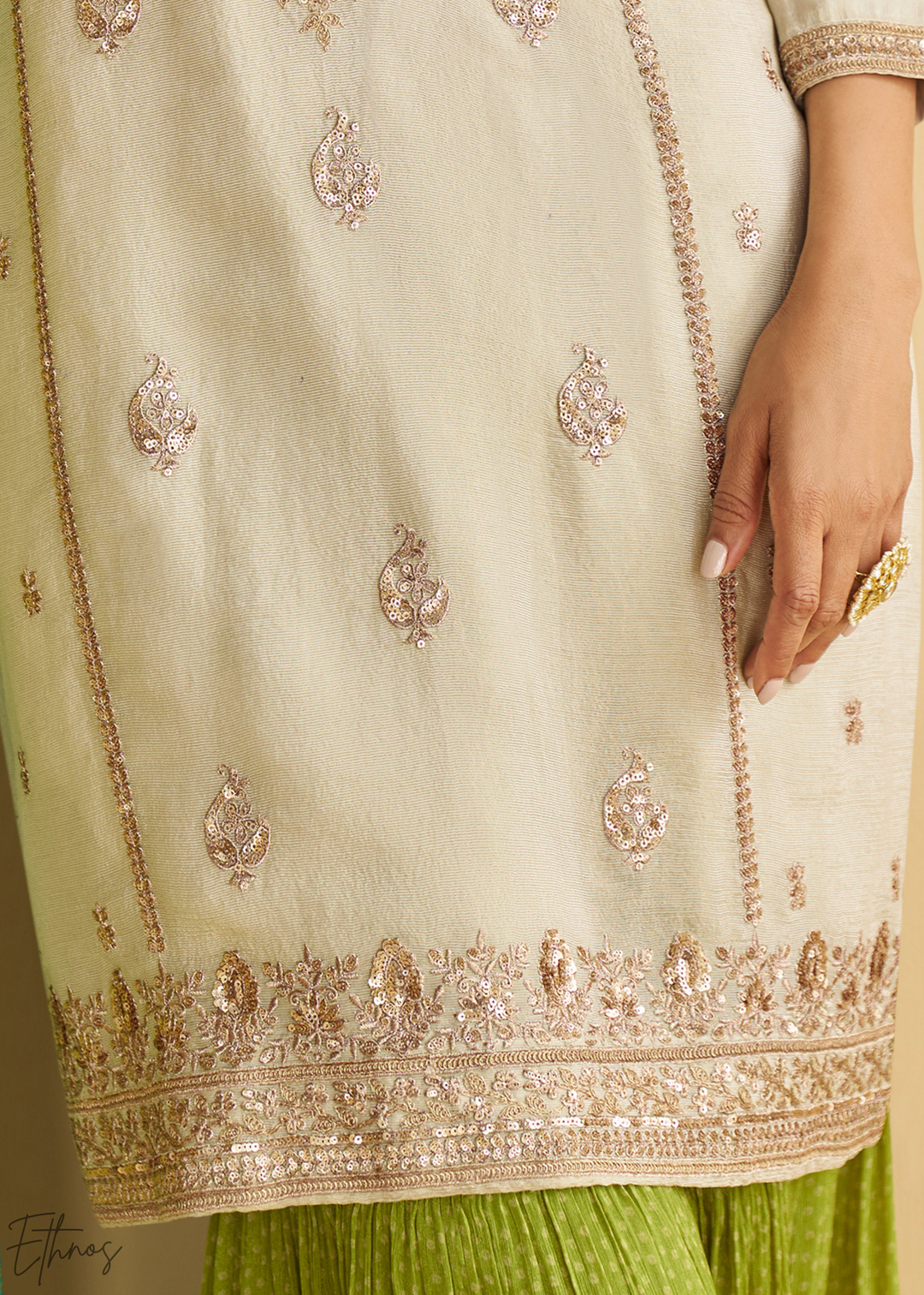 Ivory & Green Bandhani Printed Chinon Silk Palazzo Suit