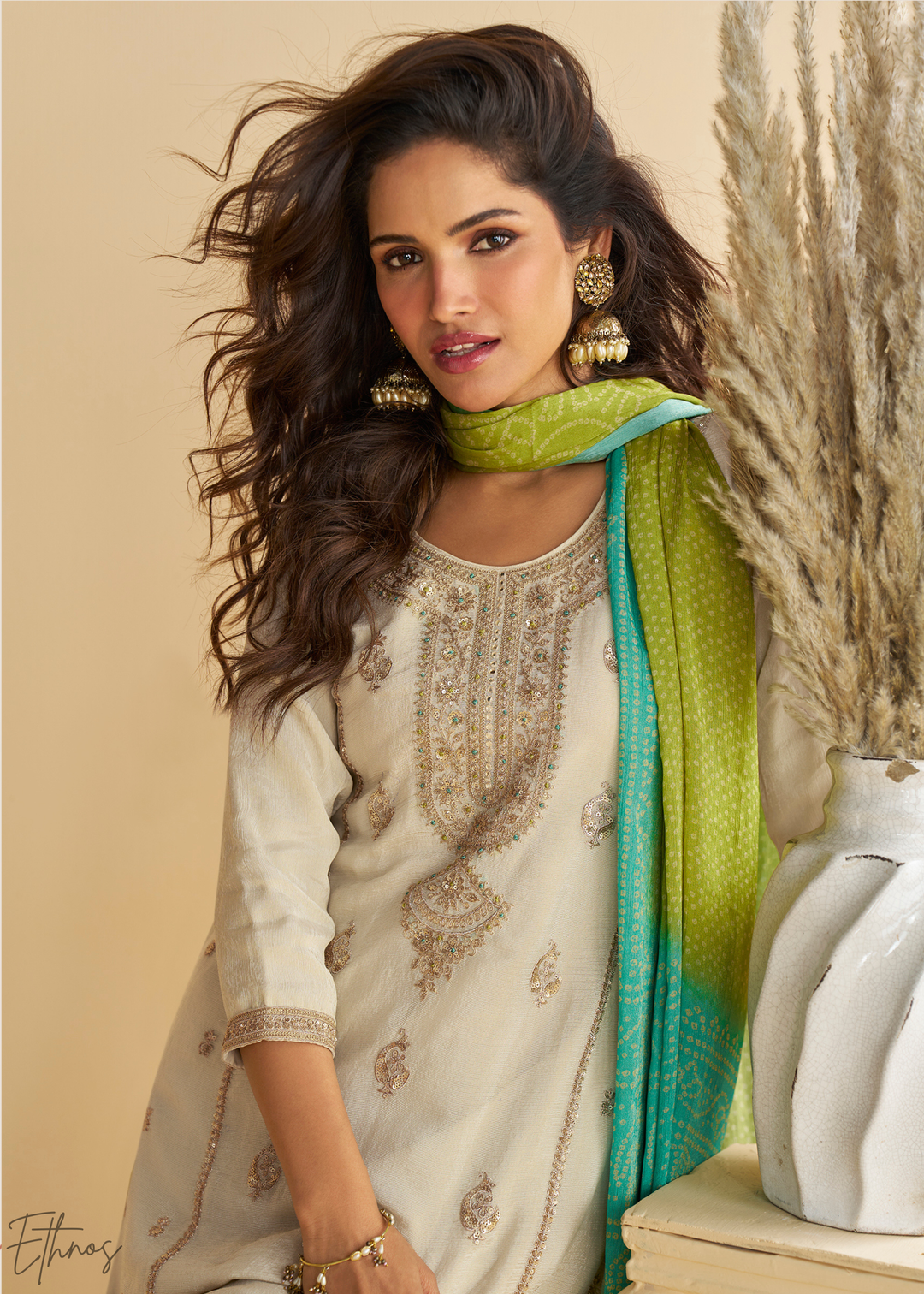 Ivory & Green Bandhani Printed Chinon Silk Palazzo Suit