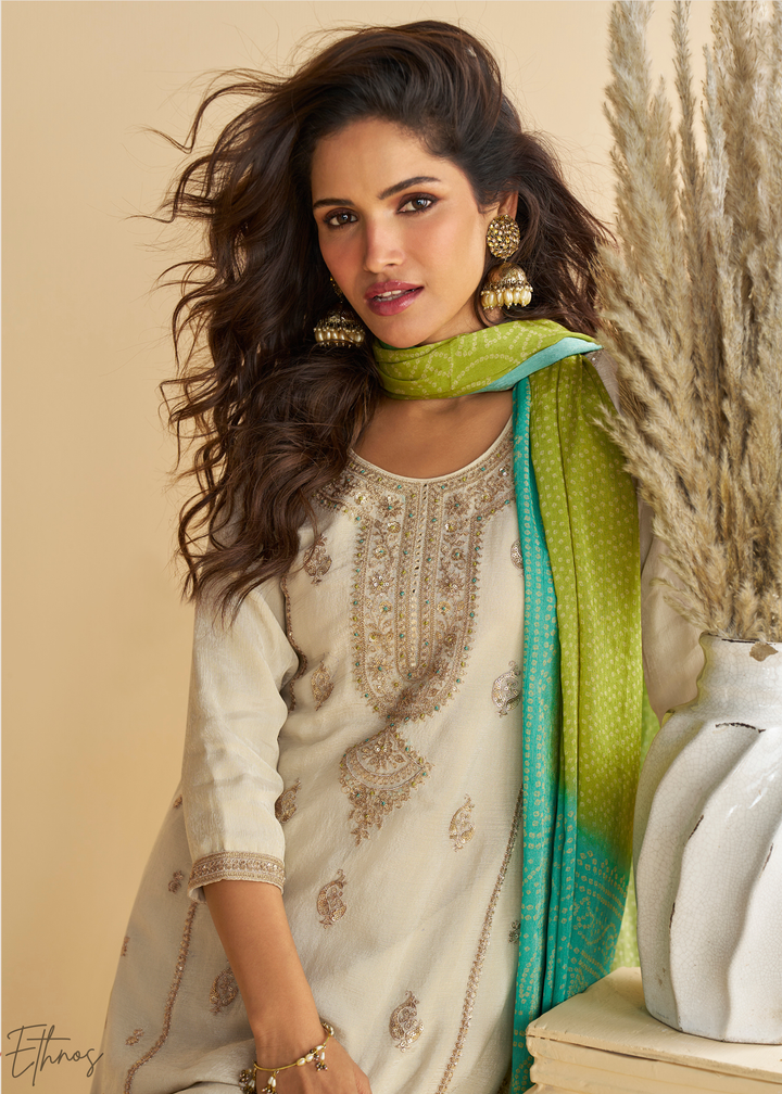 Ivory & Green Bandhani Printed Chinon Silk Palazzo Suit