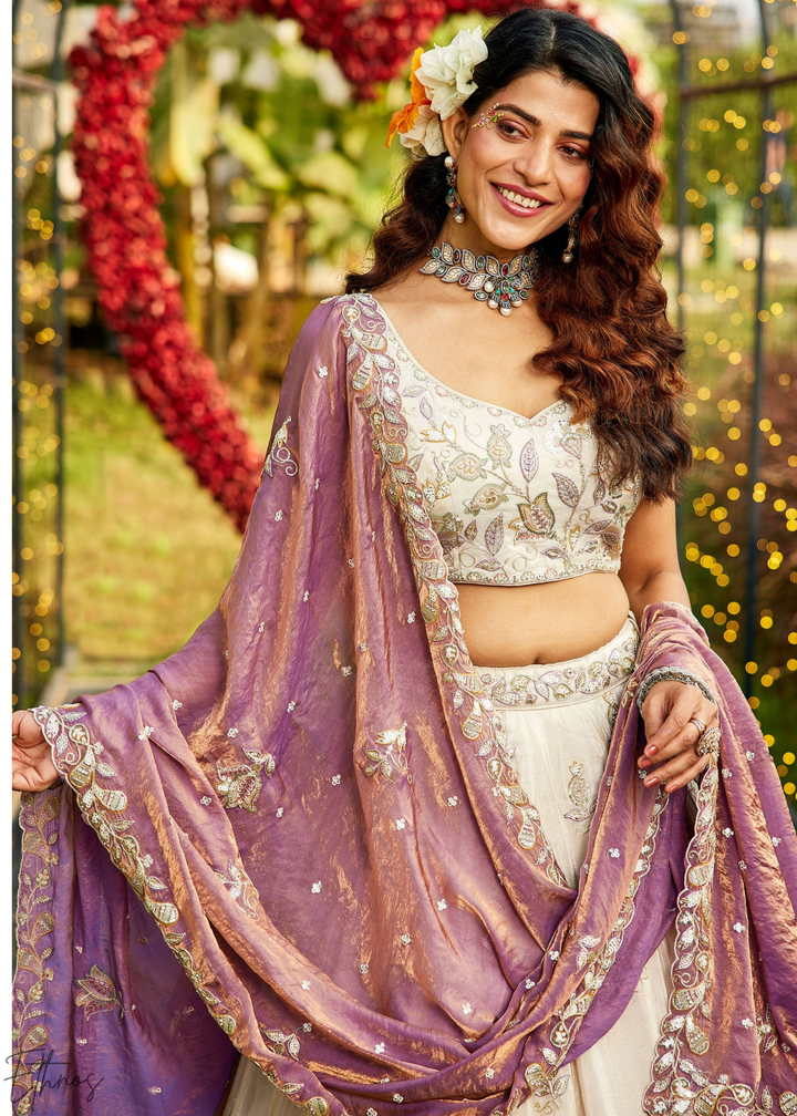 Ivory & Lavender Baroque Shimmer Tissue Lehenga