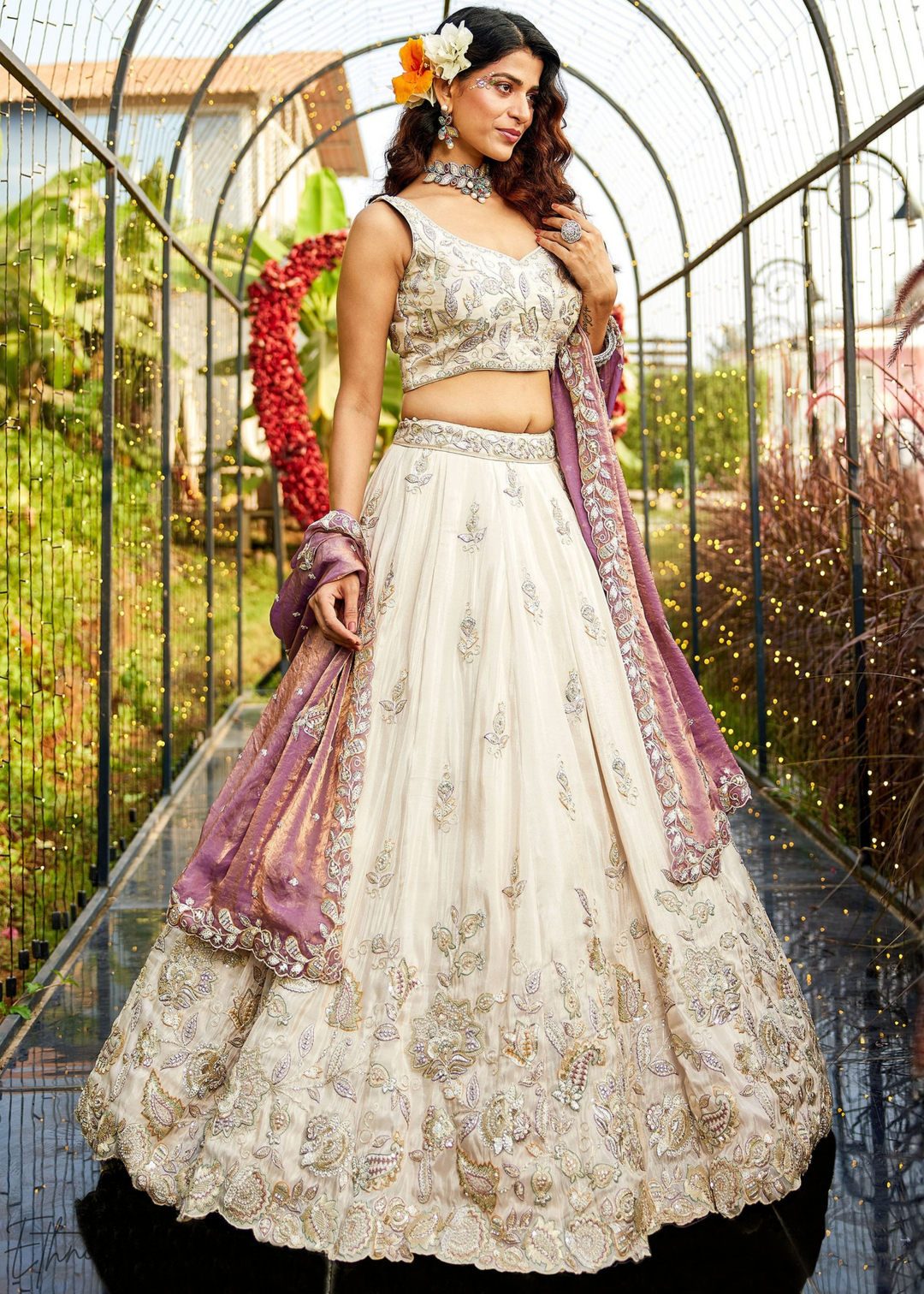 Ivory & Lavender Baroque Shimmer Tissue Lehenga