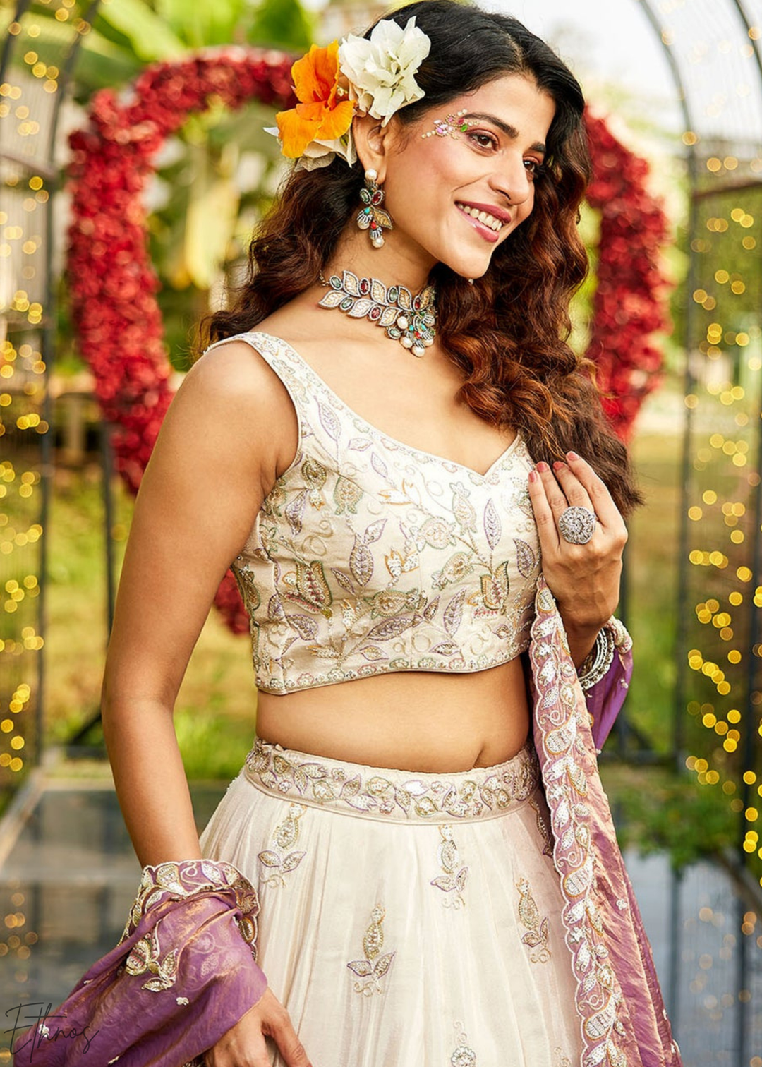 Ivory & Lavender Baroque Shimmer Tissue Lehenga