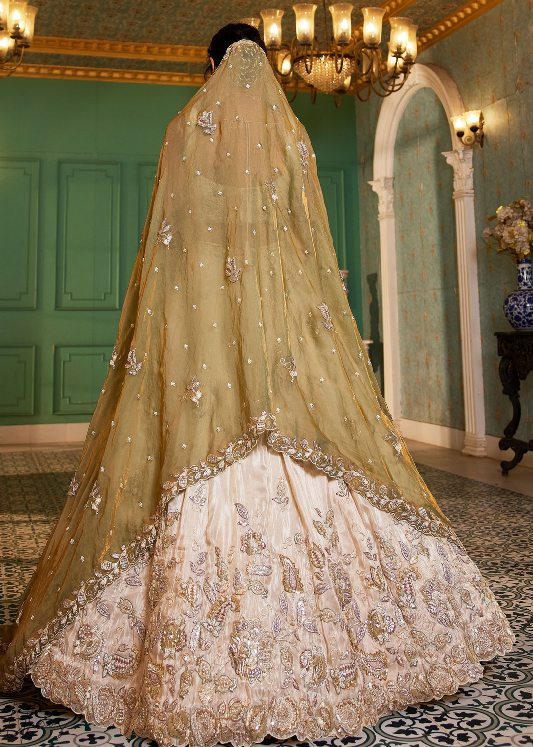 Ivory & Olive Baroque Shimmer Tissue Lehenga