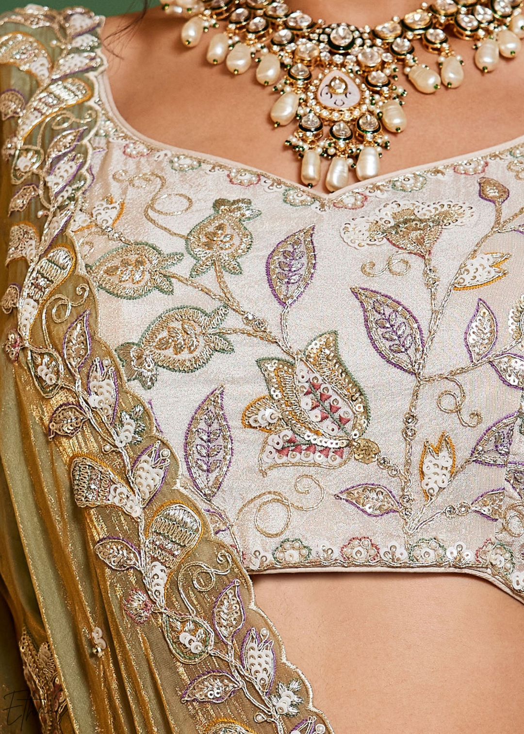 Ivory & Olive Baroque Shimmer Tissue Lehenga