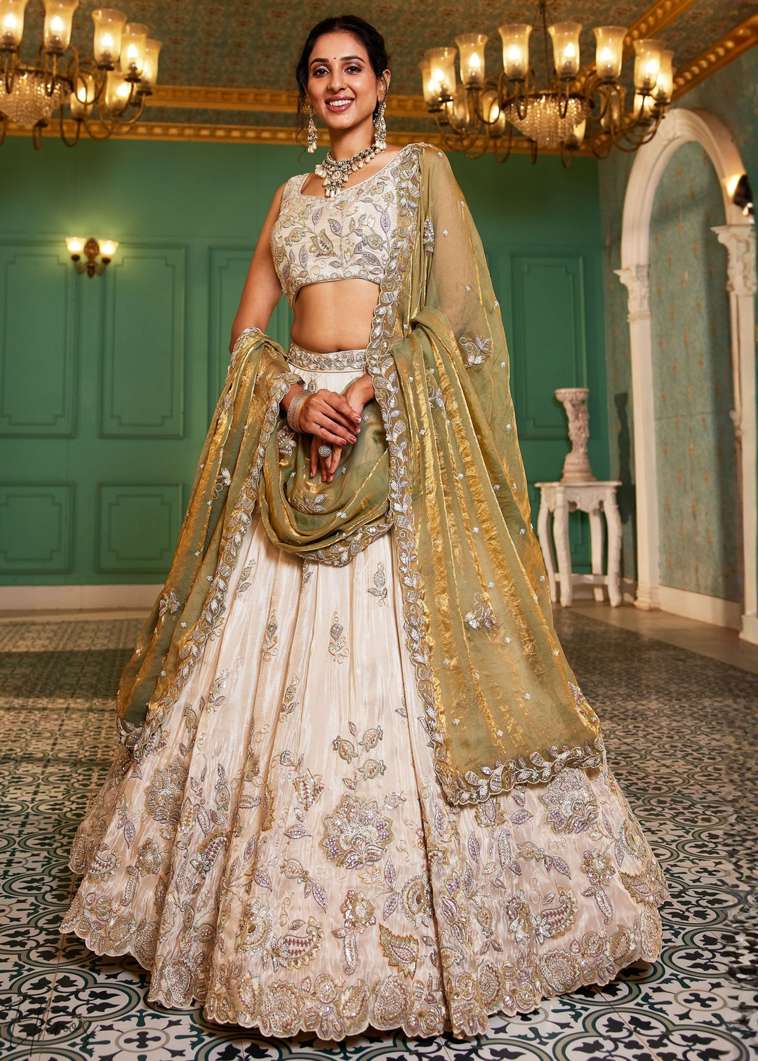 Ivory & Olive Baroque Shimmer Tissue Lehenga