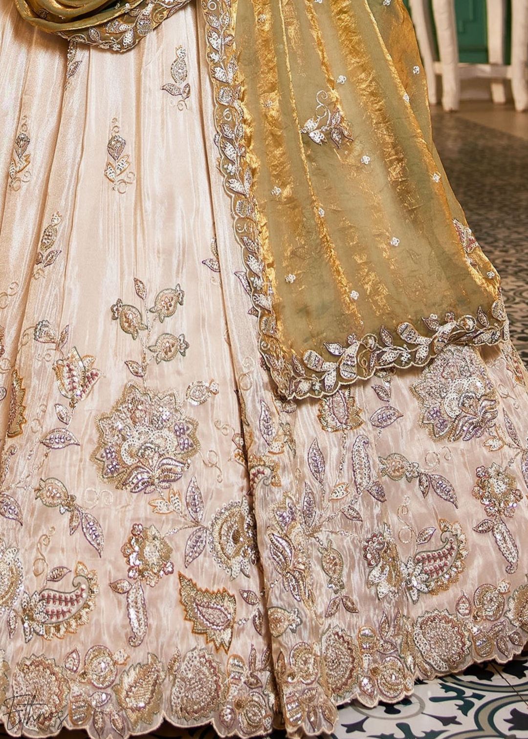 Ivory & Olive Baroque Shimmer Tissue Lehenga