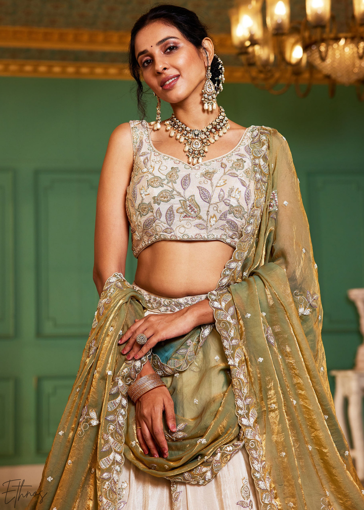 Ivory & Olive Baroque Shimmer Tissue Lehenga