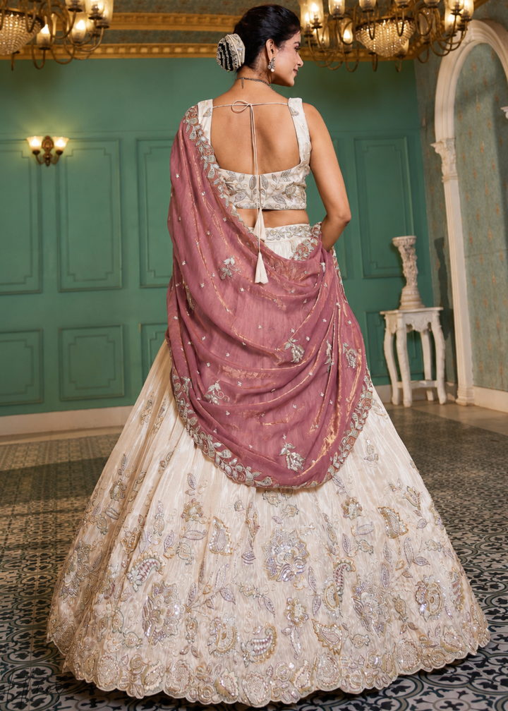 Ivory & Pink Baroque Shimmer Tissue Lehenga