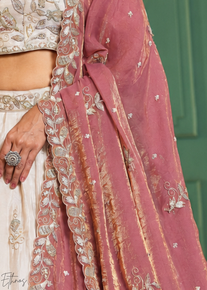 Ivory & Pink Baroque Shimmer Tissue Lehenga