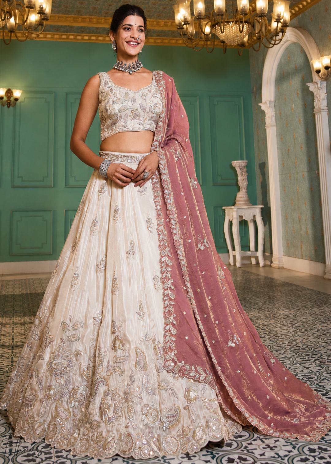 Ivory & Pink Baroque Shimmer Tissue Lehenga