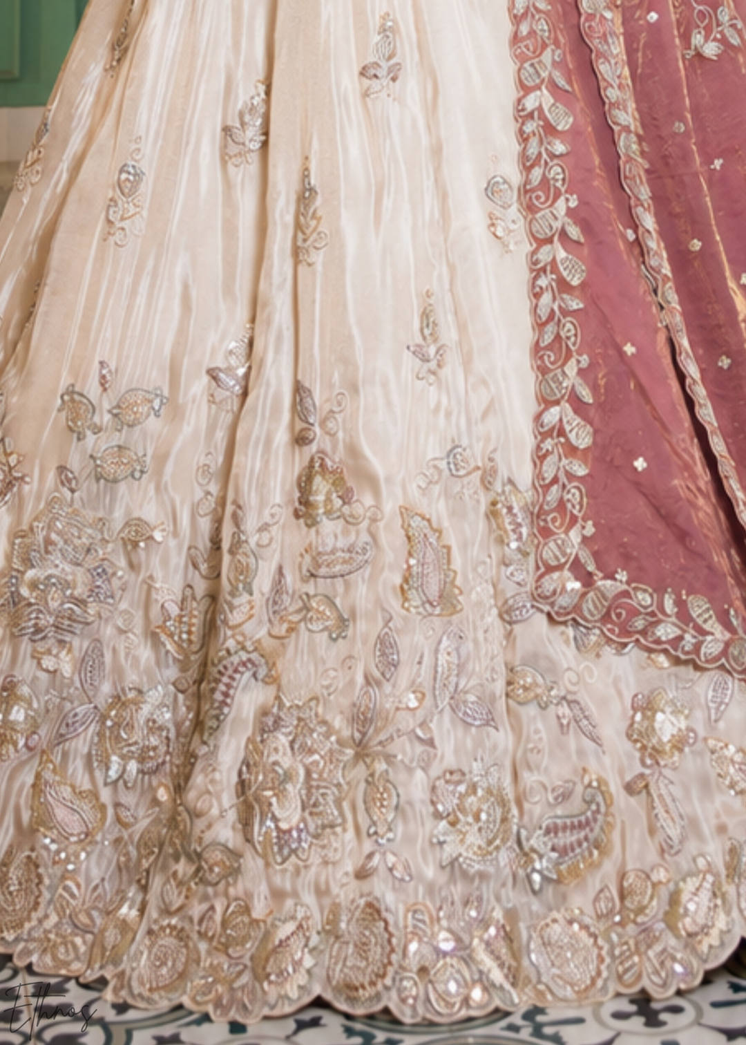 Ivory & Pink Baroque Shimmer Tissue Lehenga