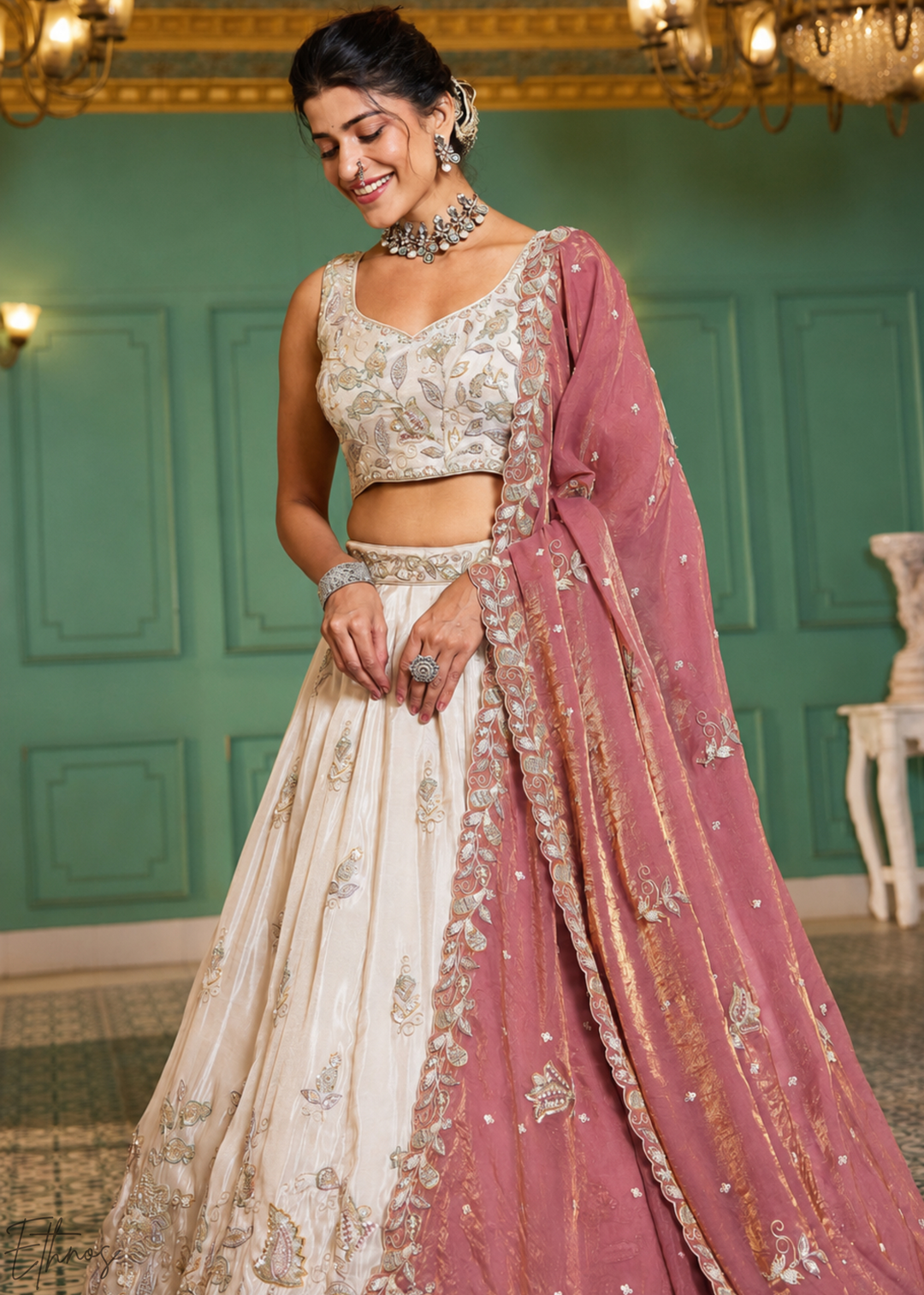 Ivory & Pink Baroque Shimmer Tissue Lehenga