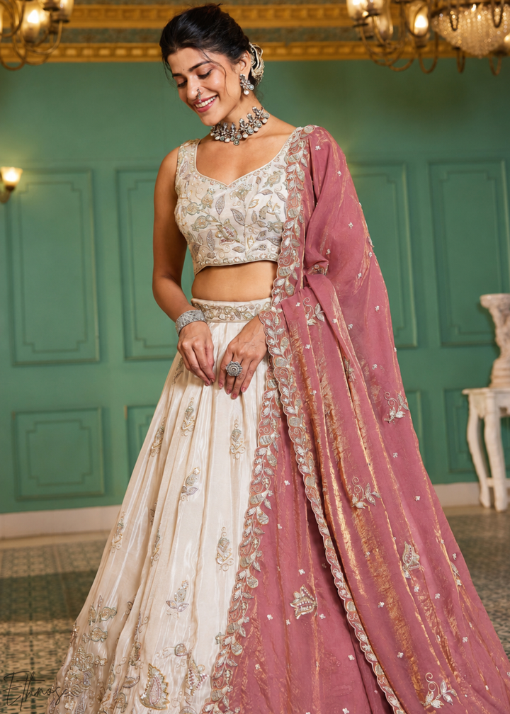 Ivory & Pink Baroque Shimmer Tissue Lehenga