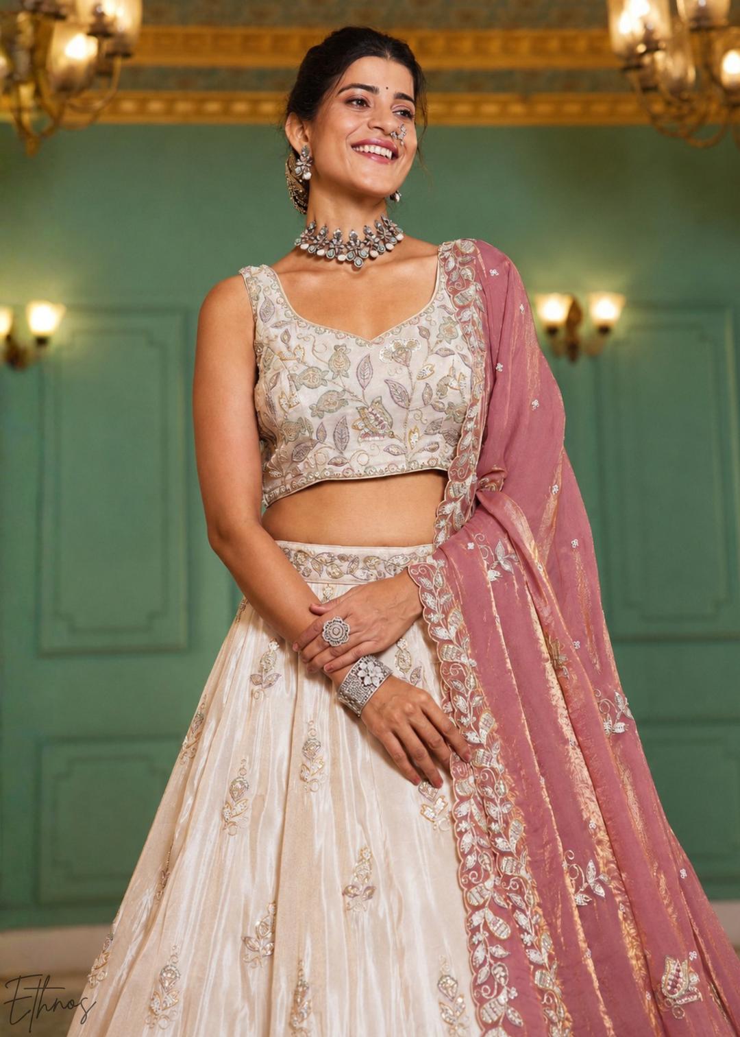 Ivory & Pink Baroque Shimmer Tissue Lehenga