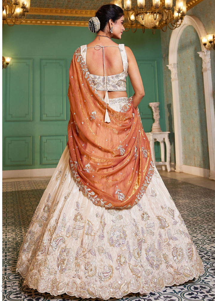 Ivory & Rust Baroque Shimmer Tissue Lehenga