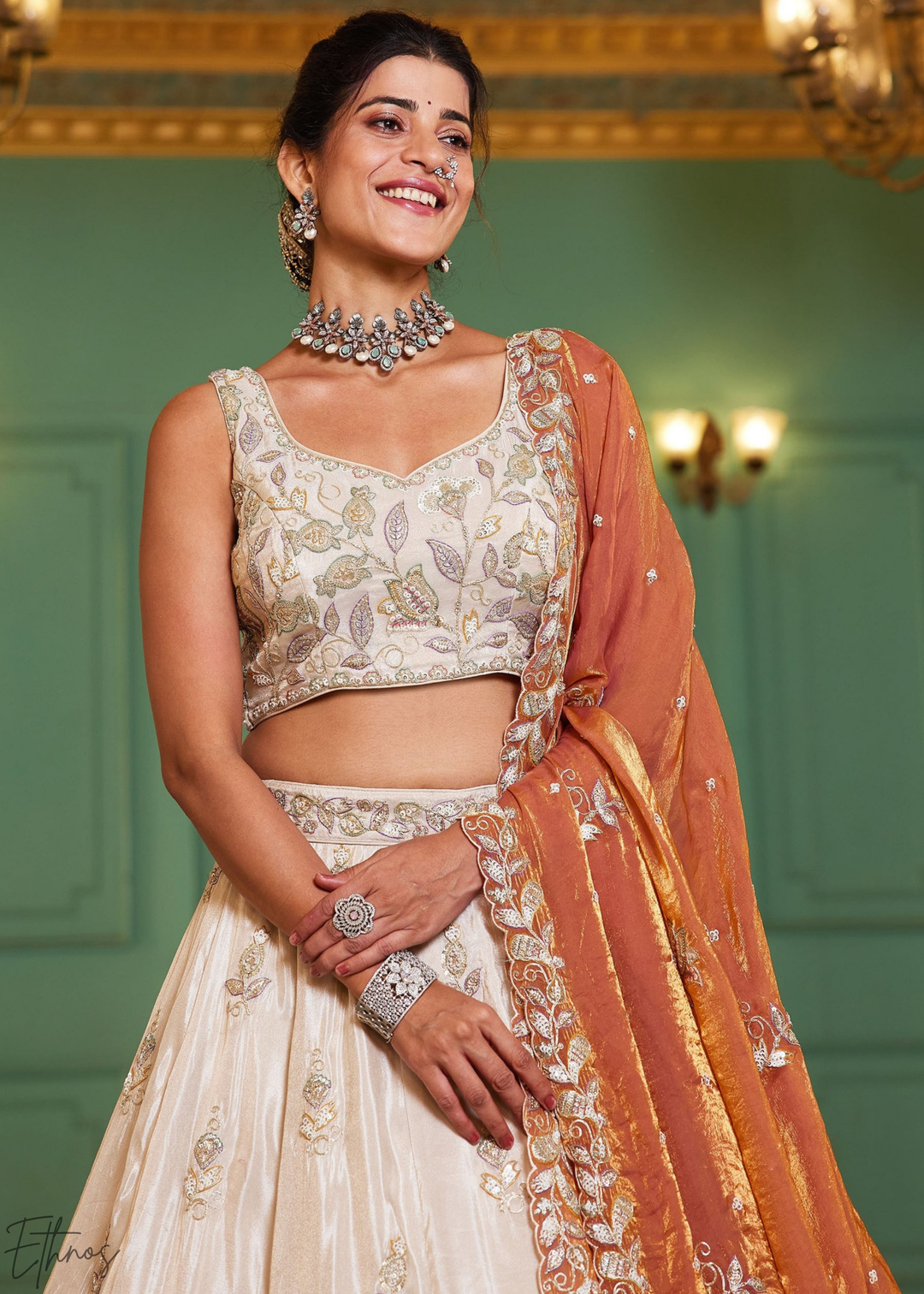 Ivory & Rust Baroque Shimmer Tissue Lehenga