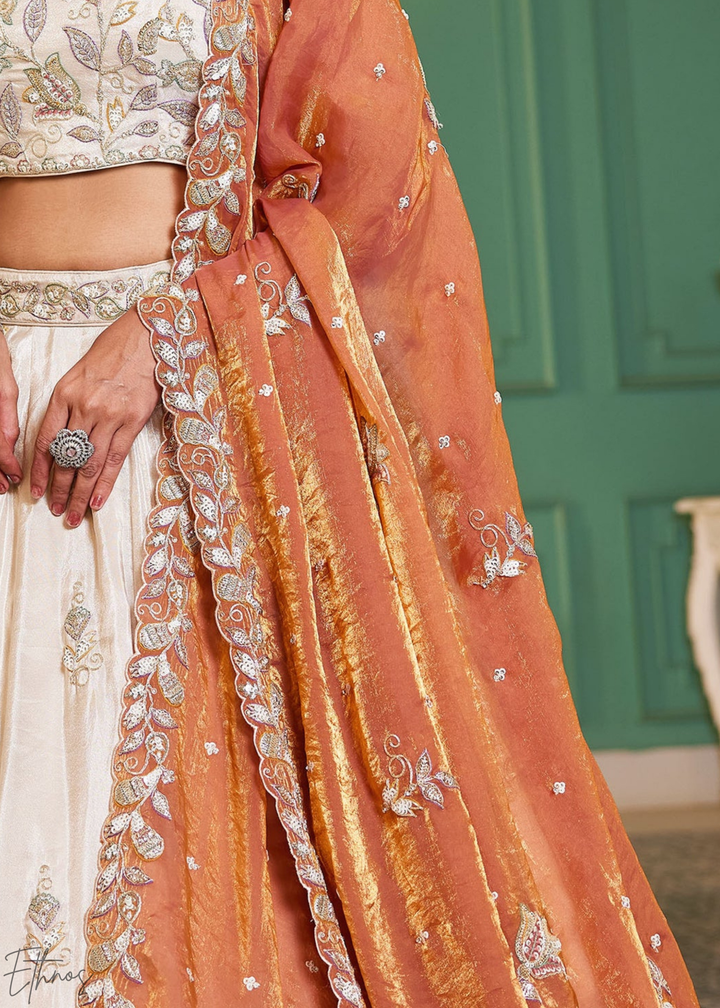 Ivory & Rust Baroque Shimmer Tissue Lehenga