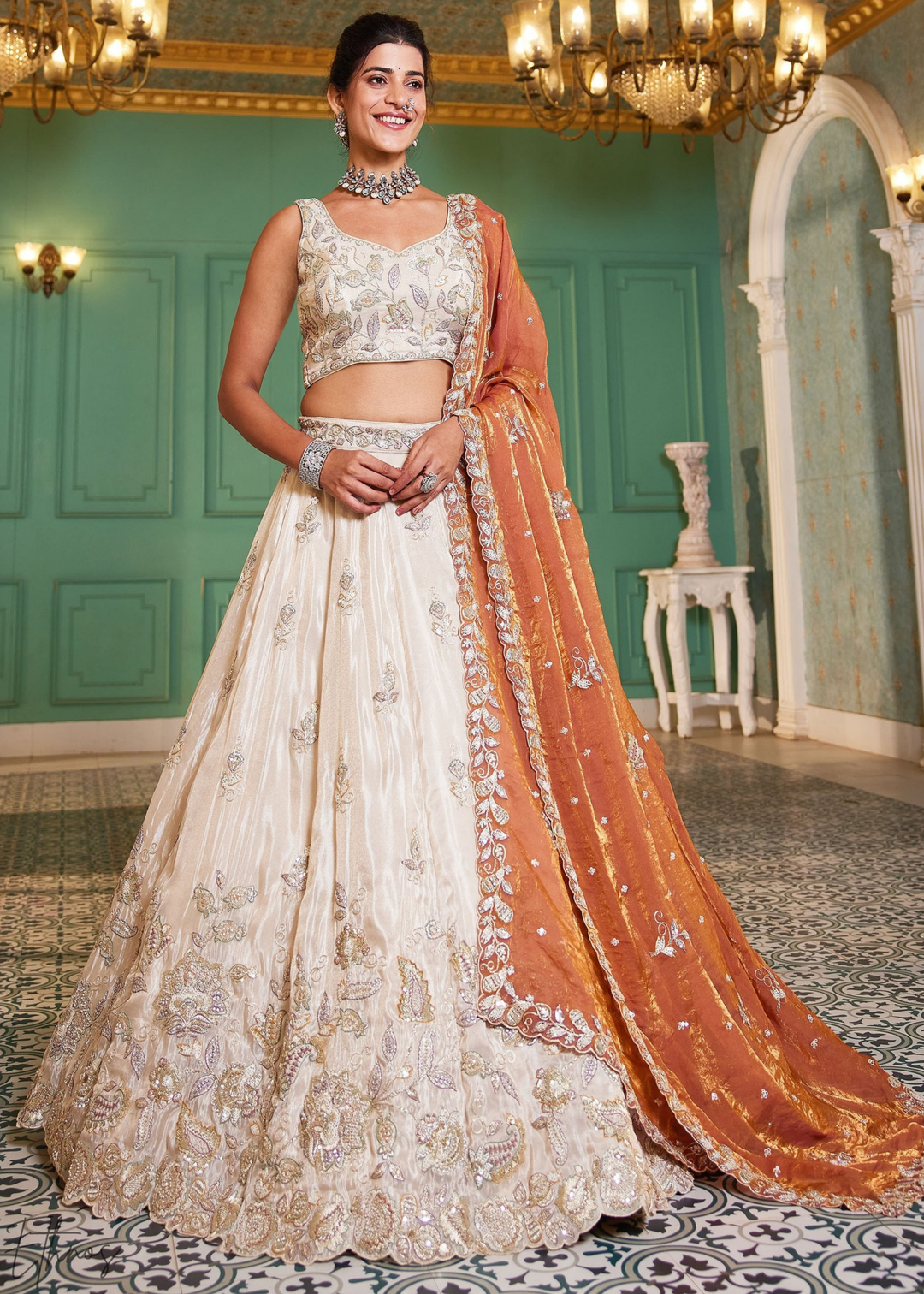 Ivory & Rust Baroque Shimmer Tissue Lehenga