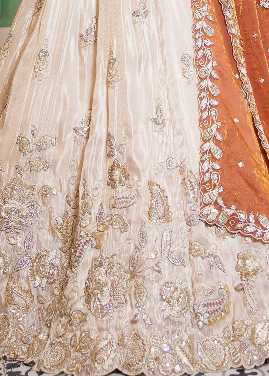 Ivory & Rust Baroque Shimmer Tissue Lehenga