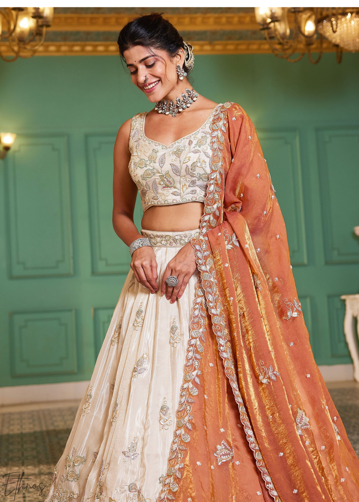 Ivory & Rust Baroque Shimmer Tissue Lehenga