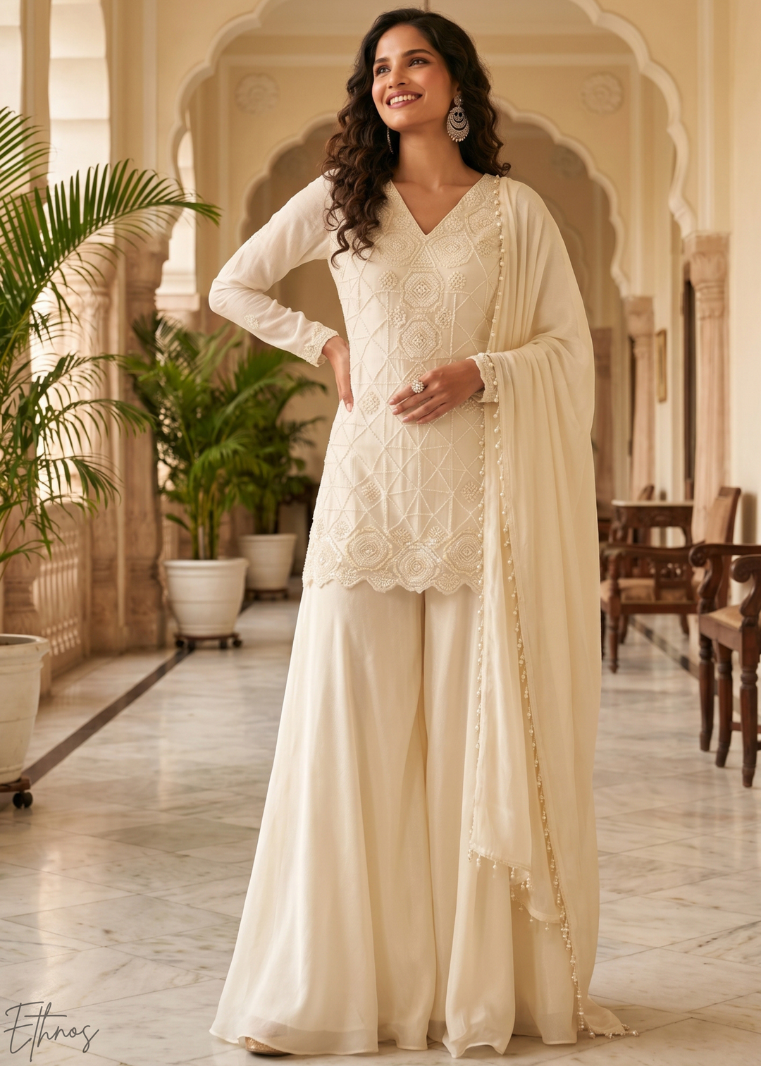 Ivory White Fine-Beaded Chinon Sharara Suit