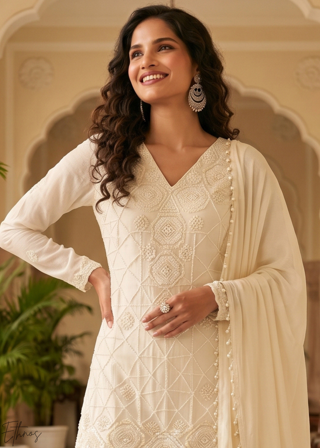 Ivory White Fine-Beaded Chinon Sharara Suit