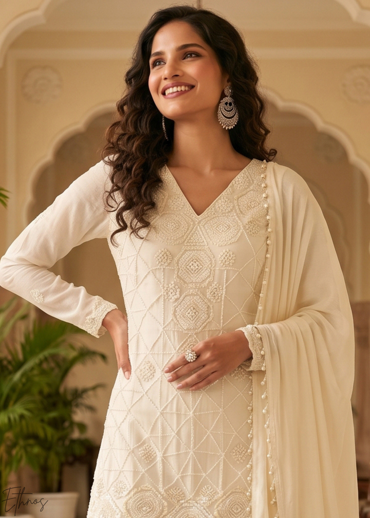 Ivory White Fine-Beaded Chinon Sharara Suit