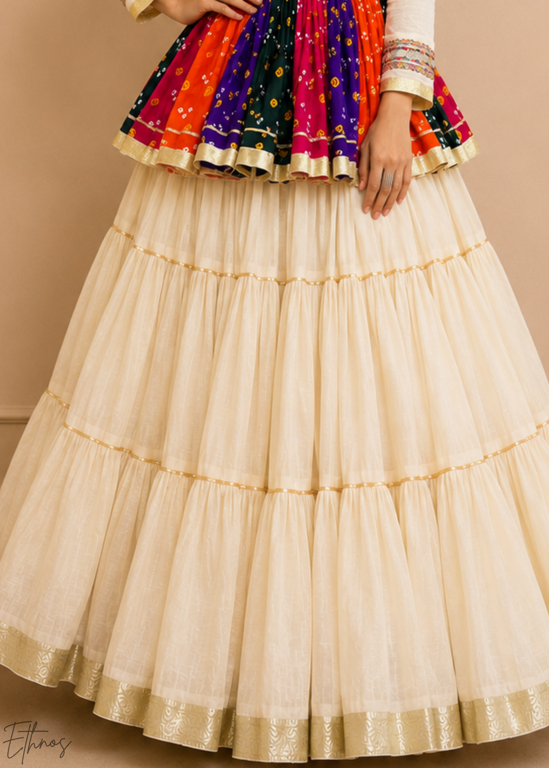 Ivory White Paneled Bandhani Cotton Peplum Lehenga Set