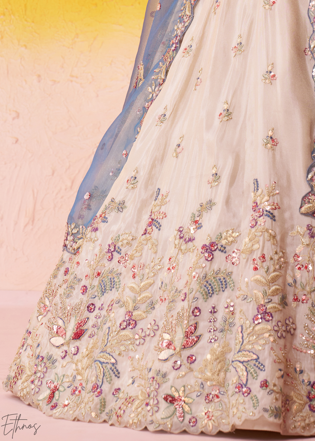 Ivory White and Blue Peacock Embroidered Tissue Lehenga