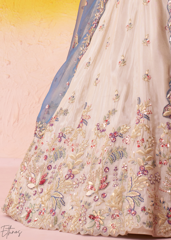 Ivory White and Blue Peacock Embroidered Tissue Lehenga