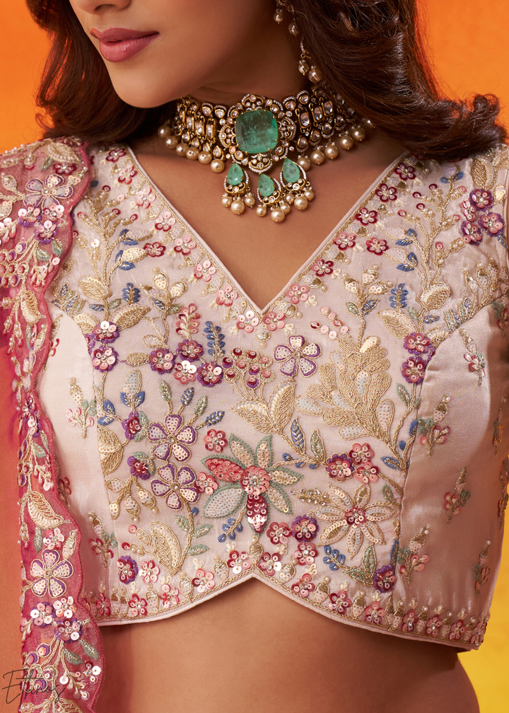 Ivory White and Pink Peacock Embroidered Tissue Lehenga