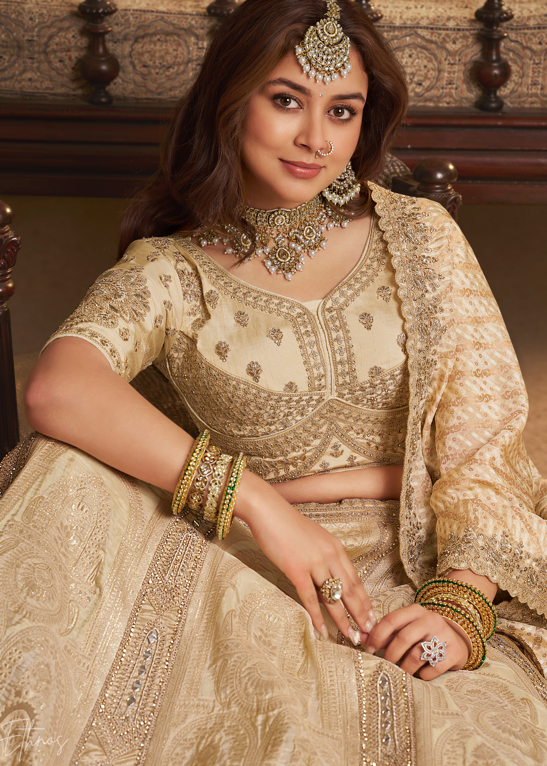 Ivory Zari Embroidered Banarasi Silk Lehenga