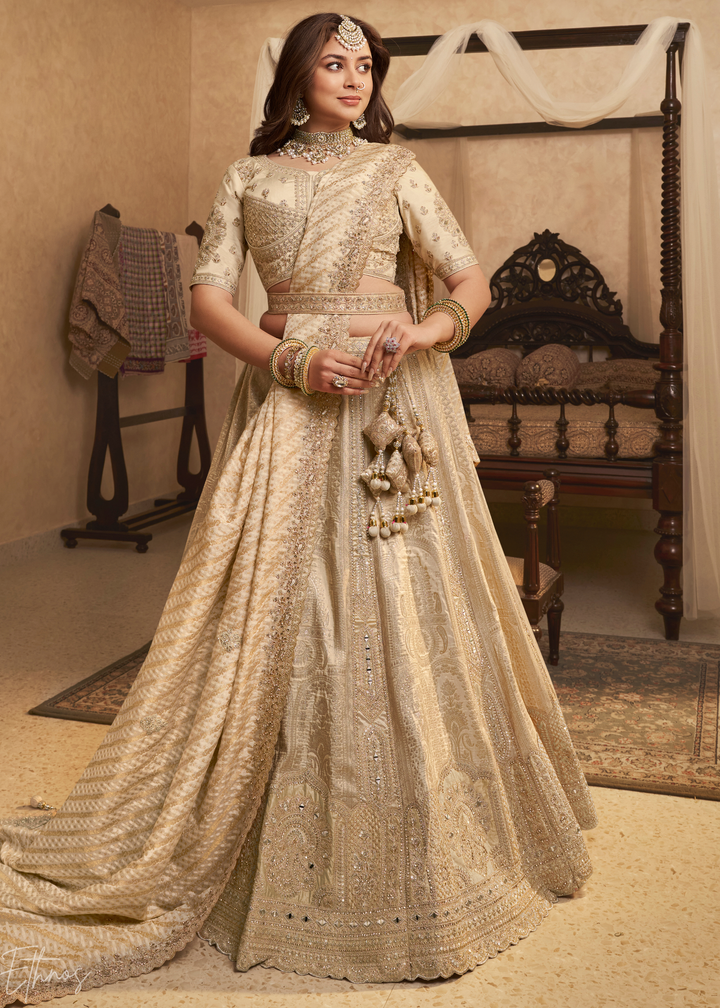 Ivory Zari Embroidered Banarasi Silk Lehenga