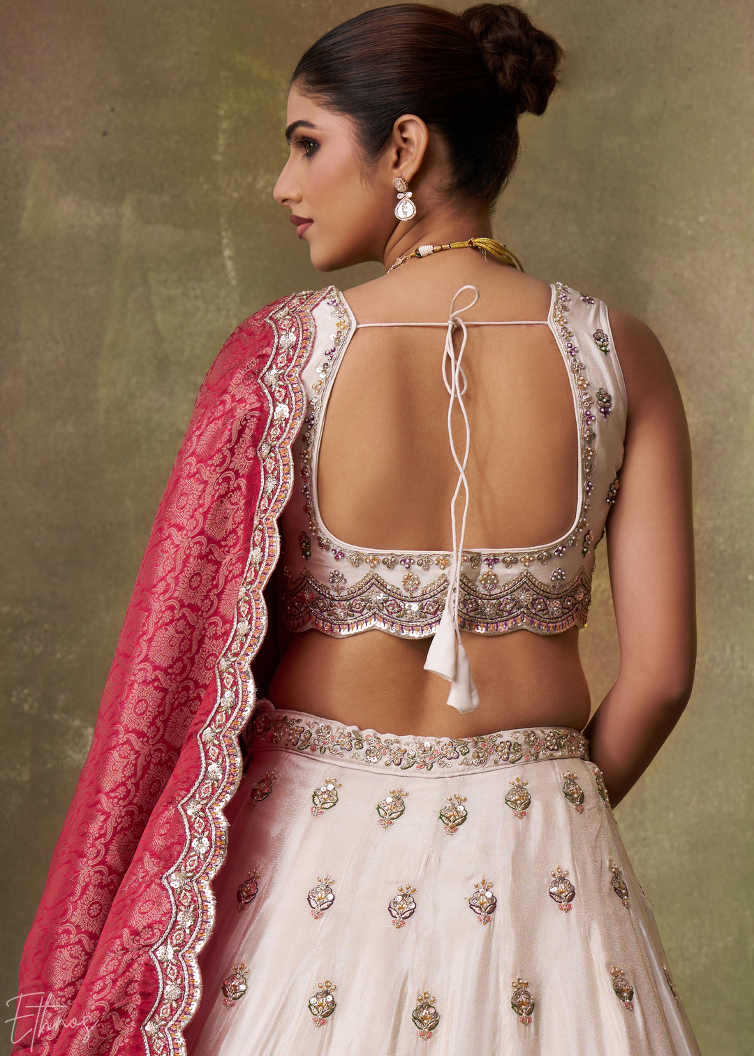 Ivory and Pink Floral Sequins Tissue Lehenga Choli