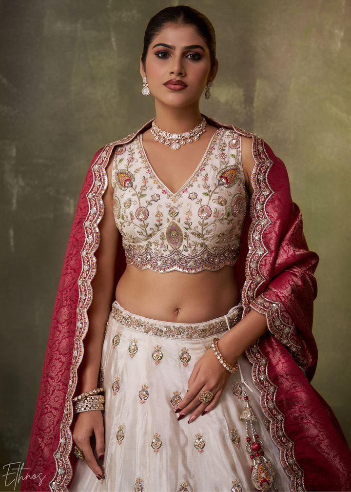Ivory and Pink Floral Sequins Tissue Lehenga Choli