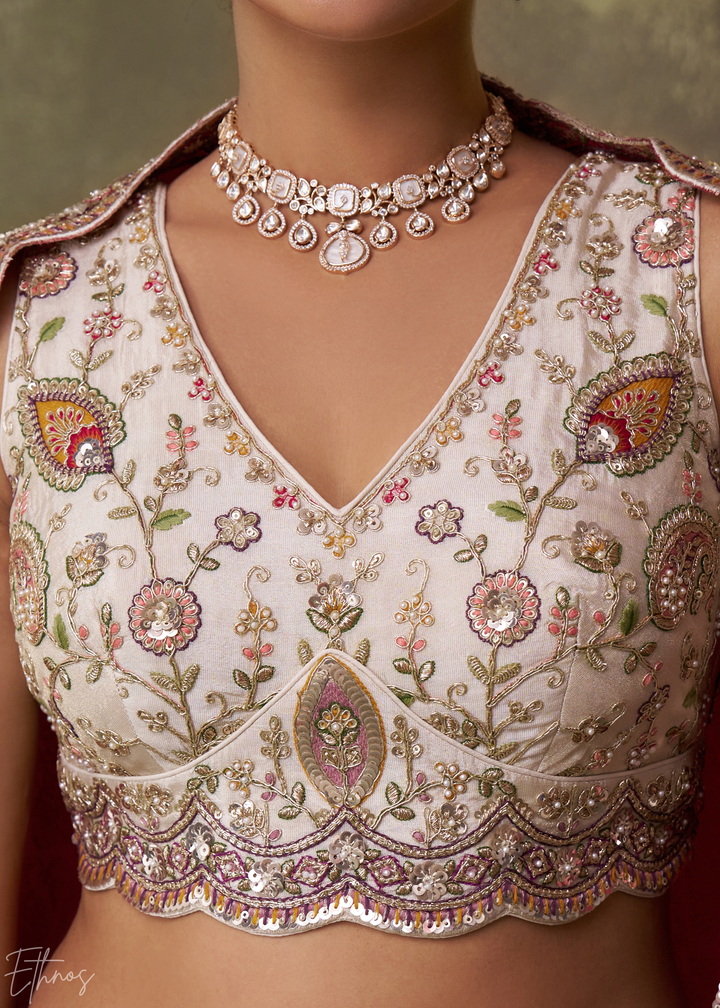 Ivory and Pink Floral Sequins Tissue Lehenga Choli