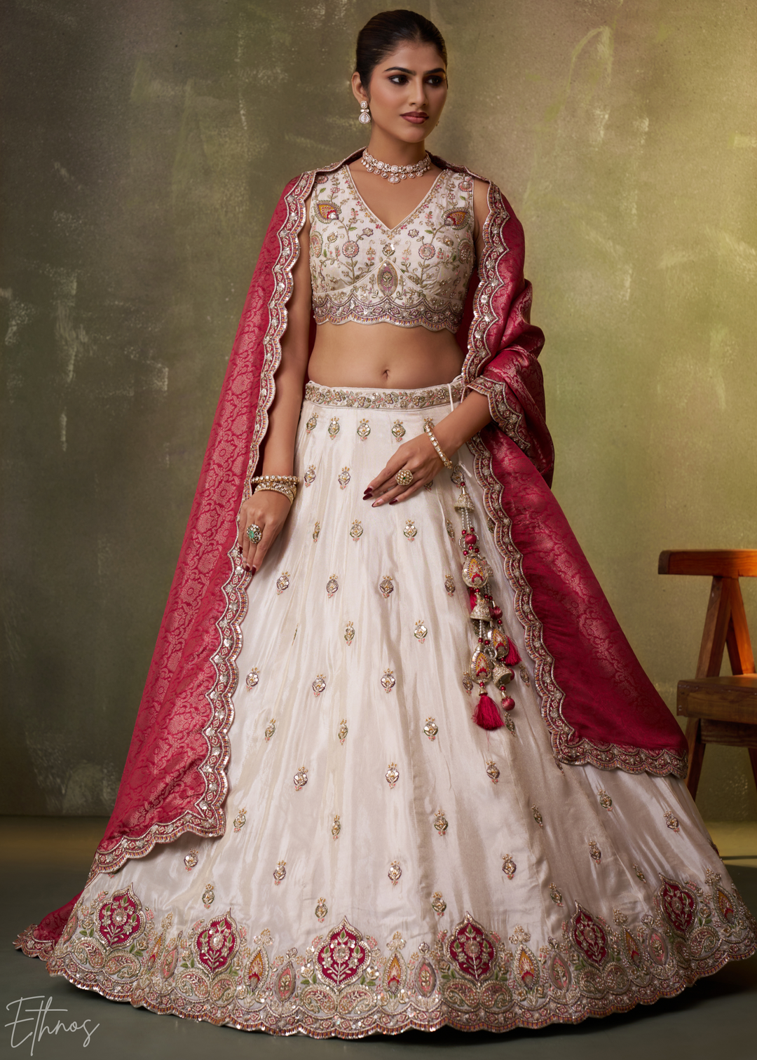 Ivory and Pink Floral Sequins Tissue Lehenga Choli