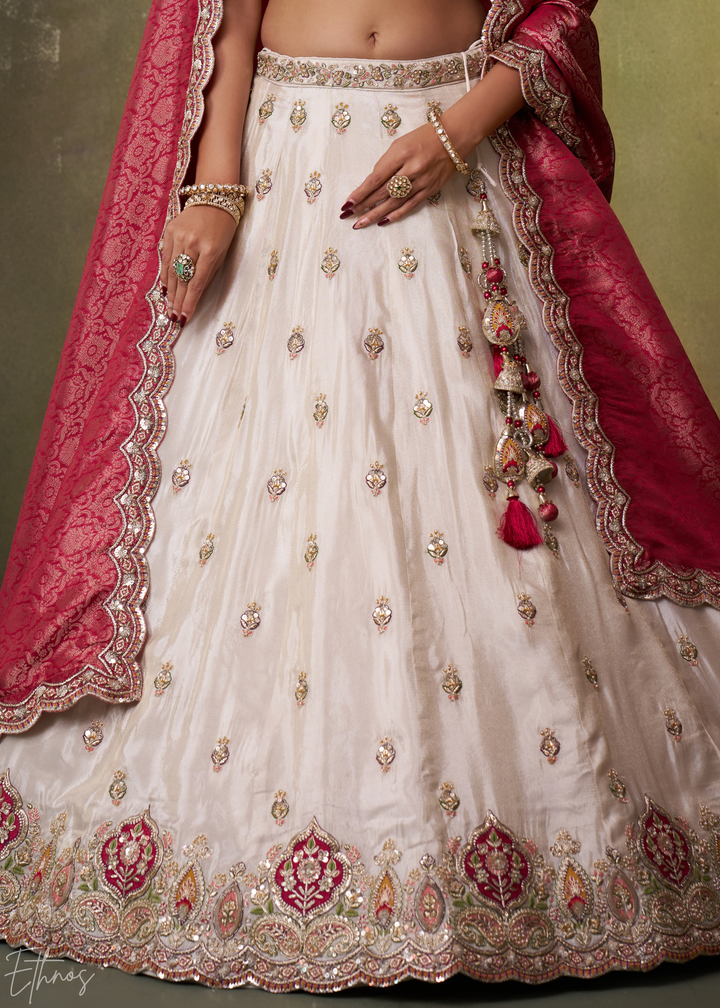 Ivory and Pink Floral Sequins Tissue Lehenga Choli