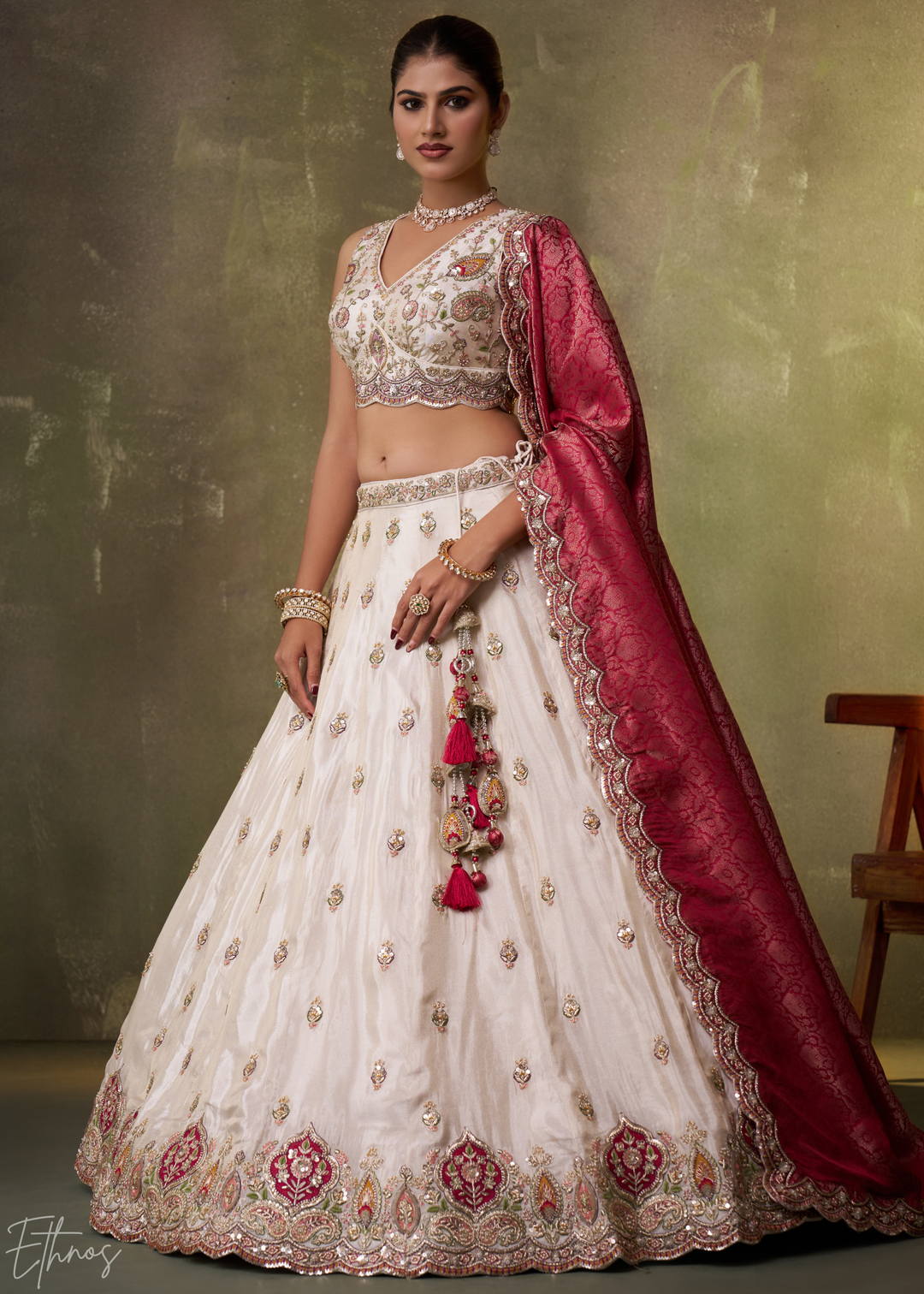Ivory and Pink Floral Sequins Tissue Lehenga Choli