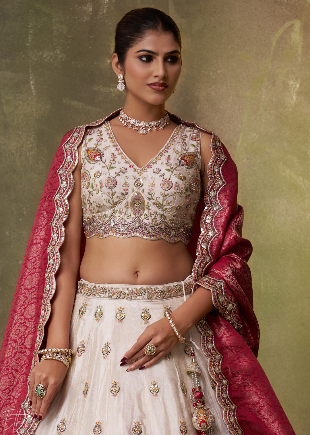 Ivory and Pink Floral Sequins Tissue Lehenga Choli