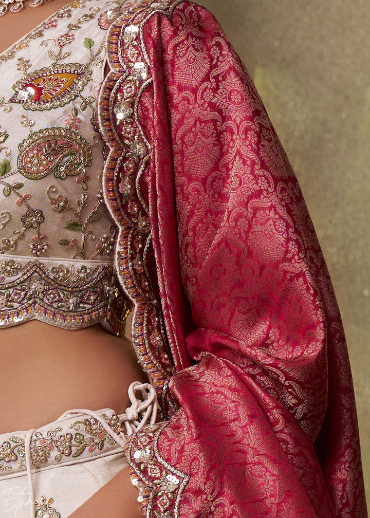 Ivory and Pink Floral Sequins Tissue Lehenga Choli