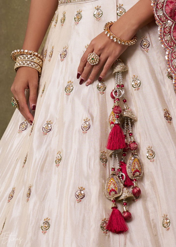 Ivory and Pink Floral Sequins Tissue Lehenga Choli
