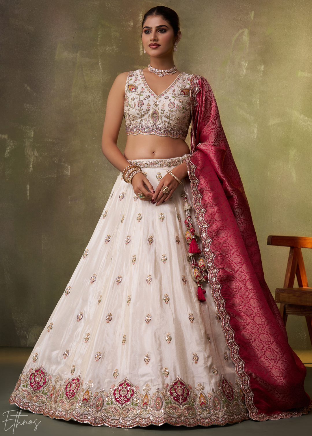 Ivory and Pink Floral Sequins Tissue Lehenga Choli