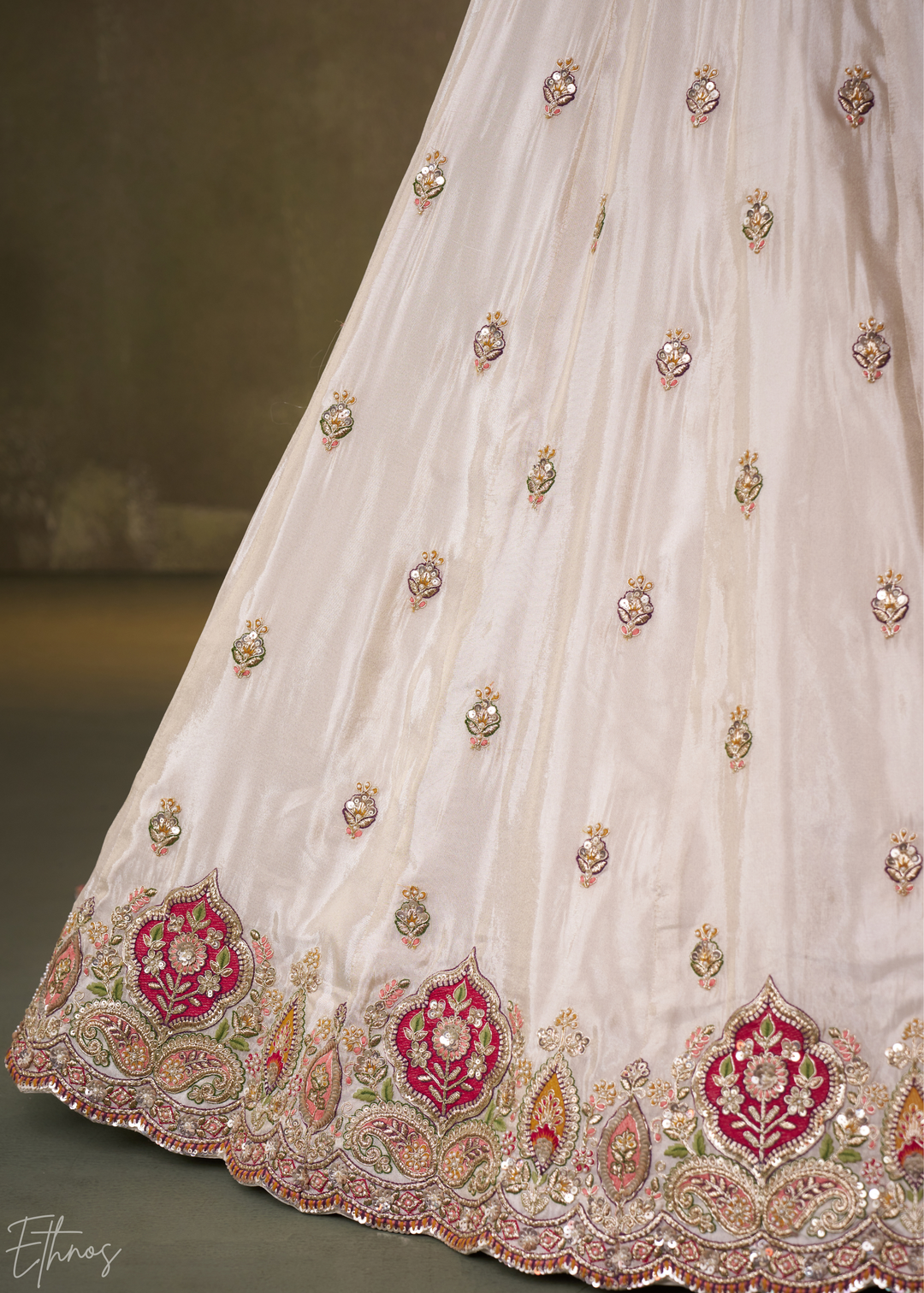 Ivory and Pink Floral Sequins Tissue Lehenga Choli