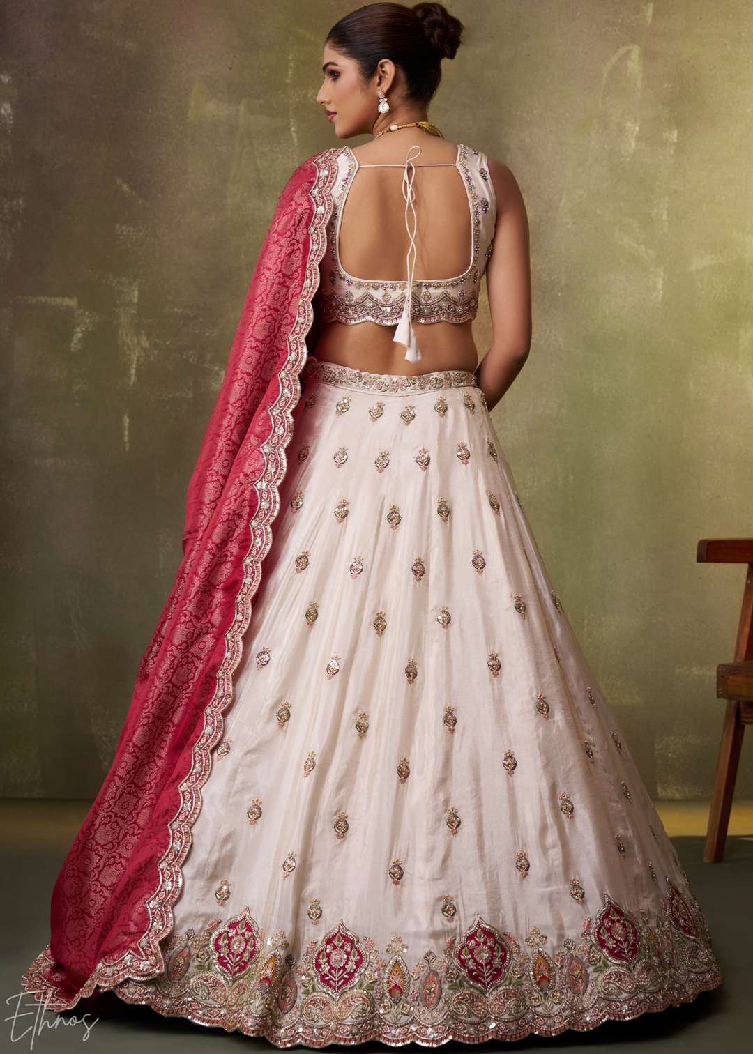Ivory and Pink Floral Sequins Tissue Lehenga Choli