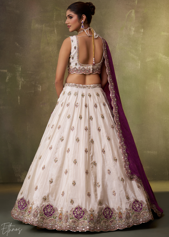 Ivory and Purple Floral Sequins Tissue Lehenga Choli