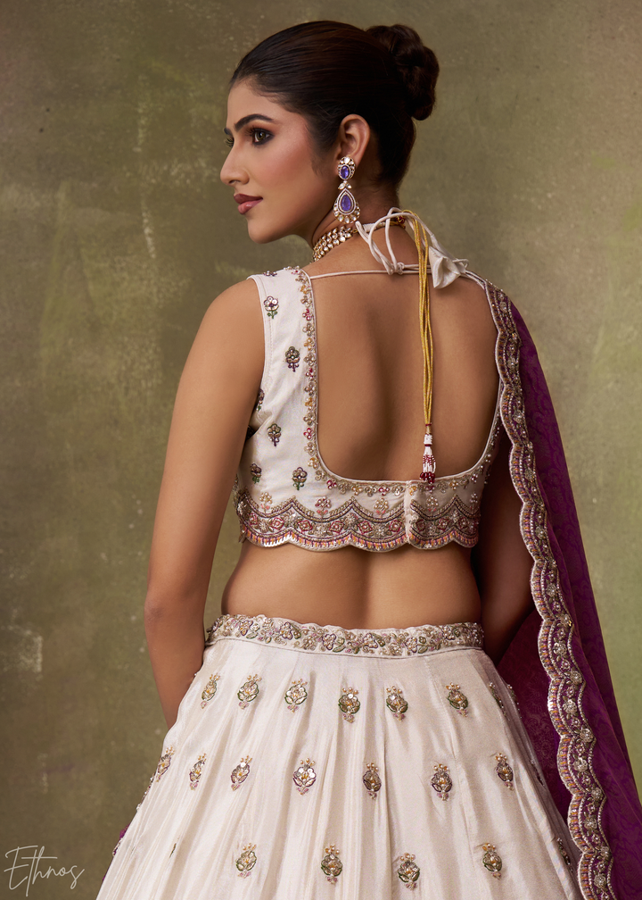 Ivory and Purple Floral Sequins Tissue Lehenga Choli