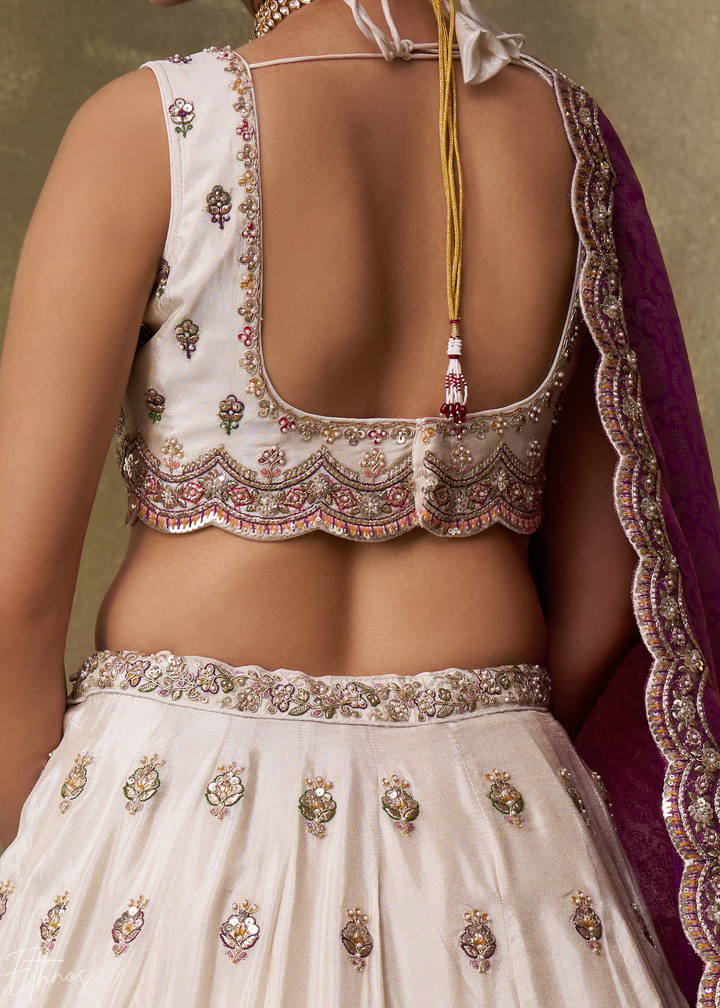 Ivory and Purple Floral Sequins Tissue Lehenga Choli